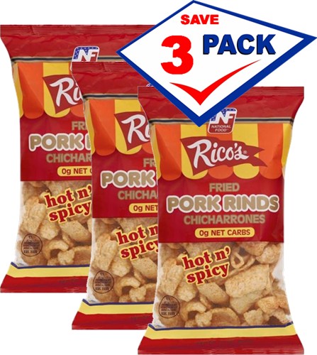 Rico's Hot and Spicy  Chicharrones Pork Cracklings 3 oz  Pack of 3